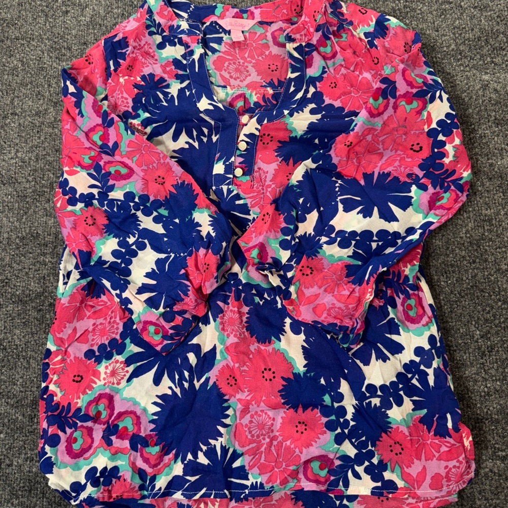 Lilly Pulitzer Blouse Womens Small Pink Blue Floral 100% Cotton Long Sleeve Top